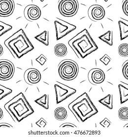 Abstract hand drawn shapes on white, seamless pattern