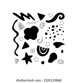 Resumen de formas dibujadas a mano conjunto, puntos, curvas, curvas, líneas, triángulo y estrella. Ilustración del vector