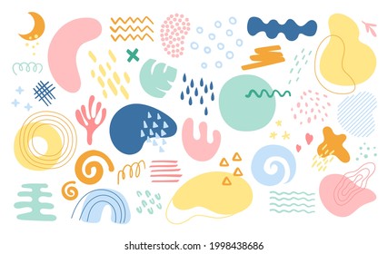 Abstract hand drawn shapes. Vector set of geometric shapes, doodle objects with floral elements. Trendy stamp texture for web, banner, poster, sale, card, social media post. Cartoon design collection