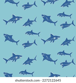 Abstract Hand Drawn Sharks Seamless Ocean Pattern Perfect for Allover Swimwear Fabric or Wrapping Paper Doodle Style Cute Fishes Vector Design Trendy Fashion Colors Mint Blue Tones