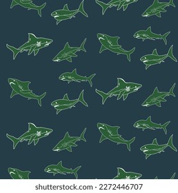 Abstract Hand Drawn Sharks Seamless Ocean Pattern Perfect for Allover Swimwear Fabric or Wrapping Paper Doodle Style Cute Fishes Vector Design Trendy Fashion Colors Navy Blue Dark Green Tones