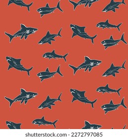 Abstract Hand Drawn Sharks Seamless Ocean Pattern Perfect for Allover Swimwear Fabric or Wrapping Paper Doodle Style Cute Fishes Vector Design Trendy Fashion Colors Coral Navy Blue Tones