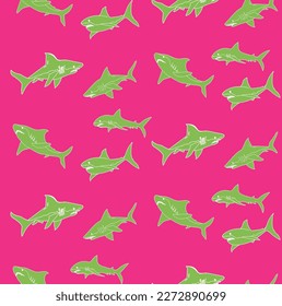 Resumen Tiburones dibujados a mano Patrón oceánico sin inconvenientes Perfecto para Alamante Tela de bañador o envolver Papel Doodle Estilo Peces Cutos Vector Diseño Colores de moda Fuchsia Tonos verdes