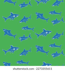 Abstract Hand Drawn Sharks Seamless Ocean Pattern Perfect for Allover Swimwear Fabric or Wrapping Paper Doodle Style Cute Fishes Vector Design Trendy Fashion Colors Bright Green Blue Tones
