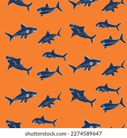 Abstrakte handgezeichnete Haie Nahtlose Ozeanmuster Perfekt für Allover-Schuhstoffe oder Wrapping Paper Doodle Style Fish Vektordesign Trendy Fashion Colors Orange Navy Blue Tones