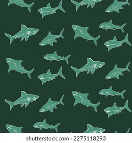 Abstract Hand Drawn Sharks Seamless Ocean Pattern Perfect for Allover Swimwear Fabric or Wrapping Paper Doodle Style Cute Fishes Vector Design Trendy Fashion Colors Dark Green Tones