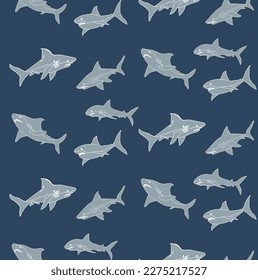 Abstract Hand Drawn Sharks Seamless Ocean Pattern Perfect for Allover Swimwear Fabric or Wrapping Paper Doodle Style Cute Fishes Vector Design Trendy Fashion Colors Navy Blue Gray Tones