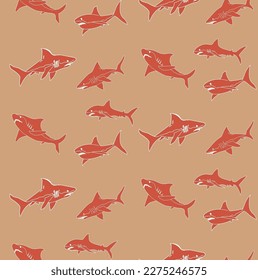 Resumen Tiburones dibujados a mano Patrón oceánico sin inconvenientes Perfecto para Alamante Tela de bañador o envolver Papel Doodle Estilo Pescado Cuto Vector Diseño Colores de moda Tonos de coral marrón Sandy
