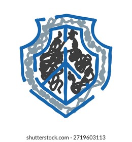 Abstract hand drawn shield embracing a peace symbol with a chaotic black scribble filling its shape, illustrating concepts of protection, security, and peace in a dynamic, artistic style