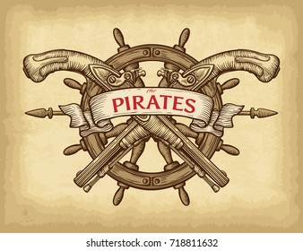 Abstract hand drawn ship wheel, pistols and ribbon banner. Old craft paper texture background. Template for your design works. Vector illustration.
