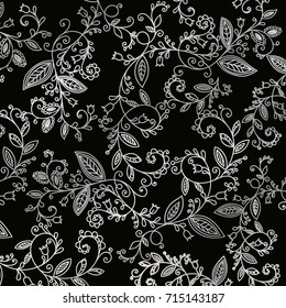 Abstract hand drawn silver pattern on black background. Design element for background, textile, paper packaging, wrapping paper, fabric and other. Platinum whorl ornament. Vector illustration