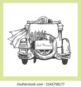 Abstract hand drawn sketch style wedding car isolated on white background. Vector illustration.