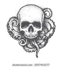 Abstract hand drawn skull head with tentacles