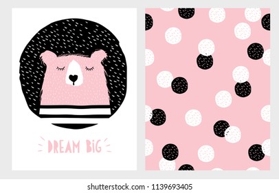 Abstract Hand Drawn Sleeping Bear Vector Design.Cute Bear Wearing a Black and White Striped T-shirt.Art Inside in a Black Circle.Hand Written Letters. Dream Big.White and Black Dots on Pink Background