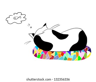 abstract hand drawn sleeping cat on the carpet silhouette which dreams about fish vector sketch