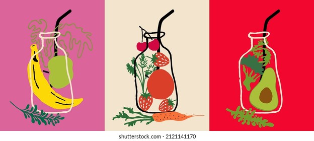 Abstract hand drawn smoothie set with different ingredients. Superfood and diet food or healthy food concept for health or detox. Vector illustration