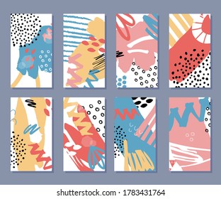 Abstract hand drawn social media story backgrounds set. Colorful art templates with scribbles for party or summer holidays invitation. Brush abstract texture. Vector illustration.