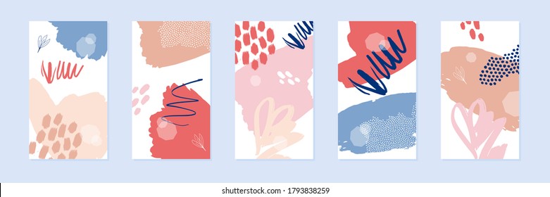 Abstract hand drawn social media story backgrounds set. Colorful art templates with scribbles for party or summer holidays invitation. Brush abstract texture. Vector illustration.