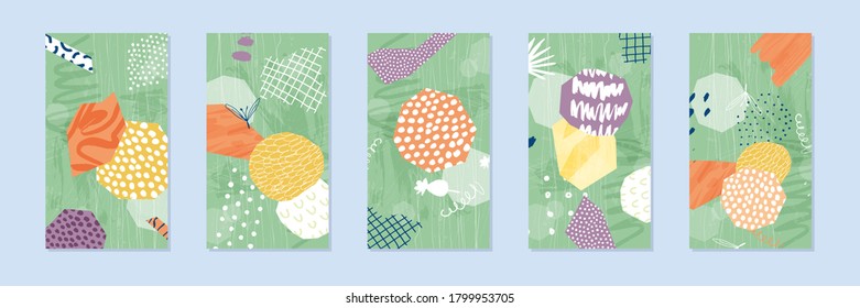 Abstract hand drawn social media story backgrounds set. Colorful art templates with scribbles for party or summer holidays invitation. Brush abstract texture. Vector illustration.