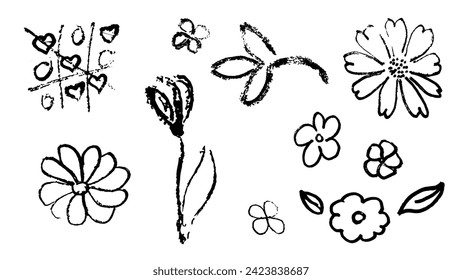 Abstract hand drawn spring flowers, plant leaf, grunge brush texture. Vector floral brush stroke. Vector illustration