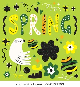 Resumen tarjeta de saludo de primavera dibujada a mano con flores de margarita tierno e iconos de pájaro y elementos de diseño colocados sobre fondo verde