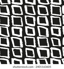 Abstract hand drawn square shape ink seamless pattern. Monochrome grunge background