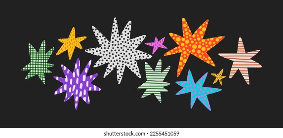 Resumen conjunto de doodles con estrellas dibujadas a mano. Colección de ilustración de fondo de cómico retro divertido. Dibujo de marcadores en un estilo colorido y brillante.
