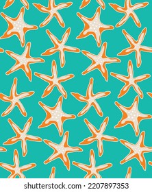 Abstract Hand Drawn Starfish Retro Style Swim Wear Seamless Pattern Trendy Fashion Colors Perfect for Allover Fabric Print or Wrapping Paper Tiffany Blue Orange Tones