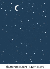 Abstract Hand Drawn Starry Sky Vector Pattern. White Moon and Stars on a Navy Blue Grunge Background. Childish Style Design. Abstract Infantile Style Galaxy Art.