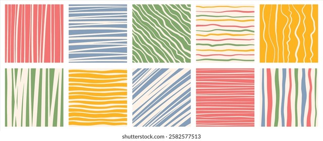 Abstract hand drawn striped backgrounds set. Artistic irregular stripes, hatching. Uneven streaks, doodle strips, bars, wavy lines, waves, pinstripes patterns. Colorful brush drawn square templates.