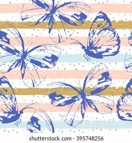 Abstract hand drawn  stripped pattern with butterflies. Wrapping print. Repeat background. For wrapping paper, wallpaper, cards, flyers, banners, posters, packaging