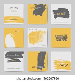 Abstract hand drawn style square hipster postcards in bright colors