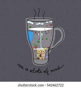 Abstract hand drawn tea cup with kitchen illustration. Grey tea leafs pattern background