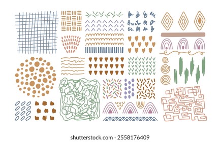 Abstract hand drawn textures collection. Different fluid shapes, pattern, brush strokes, lines, smears, waves and elements. 