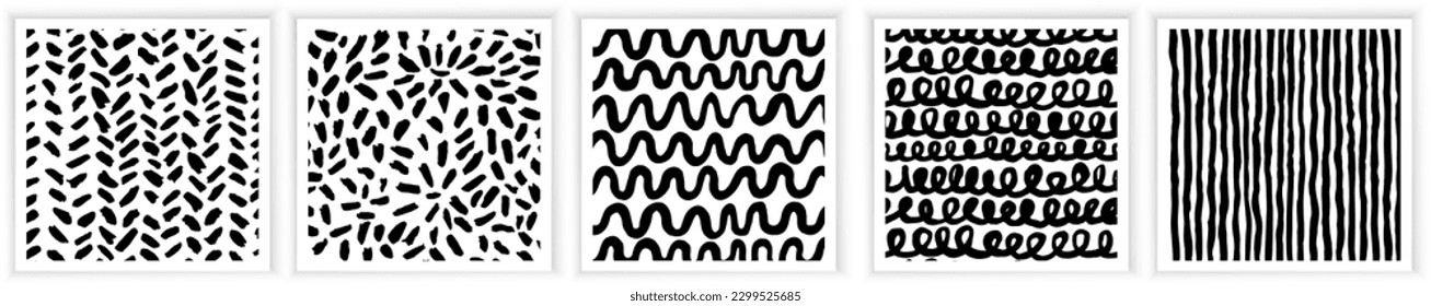 Abstract hand drawn textures made with gouache. Isolated on white background. Black grunge elements like dots, lines, waves, strokes, spots.