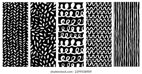 Abstract hand drawn textures made with gouache. Isolated on white background. Black grunge elements like dots, lines, waves, strokes, spots.