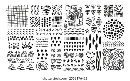 Abstract hand drawn textures monochrome collection. Doodle fluid shapes, pattern, brush strokes, lines, smears, waves and elements. 