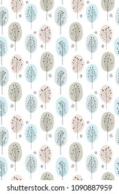 Abstract Hand Drawn Trees Seamless Vector Pattern. Delicate Pastel Blue, Light Pink and Light Gray Trees Isolated on a White Background. Woodland Party Print. Infantile Style Magic Winter Forest.