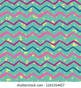 Abstract hand drawn trendy zigzag lines seamless pattern yellow spot blue background