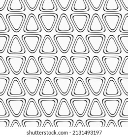 Abstract hand drawn triangles seamless pattern. Repeating outline triangles ornament. Triangles with rounded corners. Black and white background. For wrapping, paper cover, textile, fabric, cloth.