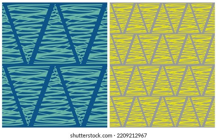 Abstract Hand Drawn Triangles Vector Patterns. Mint and Yellow Triangles made of Lines on Blue and Gray Background. Modern Geometric Seamless Pattern. Irregular Freehand Print.