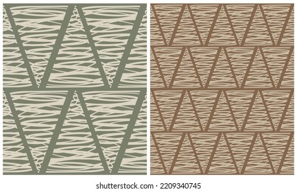 Abstract Hand Drawn Triangles Vector Patterns. Beige Triangles made of Lines on Green and Brown Background. Modern Geometric Seamless Pattern. Irregular Freehand Print.