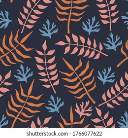 Abstract hand drawn tropical flowers and plants seamless pattern in flat style. Vector isolated illustrations, elements on a light background.