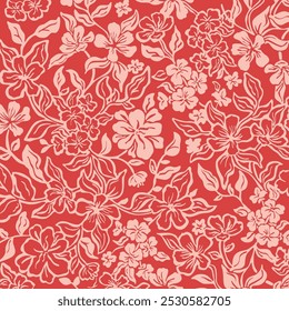 Abstract Hand Drawn Two Color Flowers and Leaves Seamless Vector Pattern Isolated Background Seamless vector floral pattern with large flowers in Hawaiian style. Silhouette floral pattern for textiles