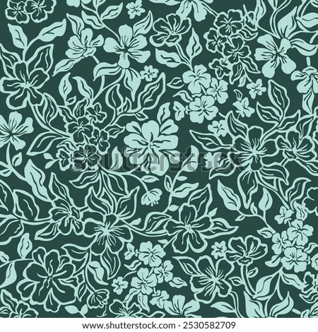 Abstract Hand Drawn Two Color Flowers and Leaves Seamless Vector Pattern Isolated Background Seamless vector floral pattern with large flowers in Hawaiian style. Silhouette floral pattern for textiles