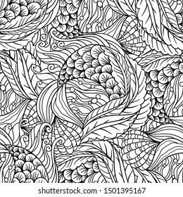 Abstract hand drawn underwater sea flora seamless pattern,  decorative waves vector background.