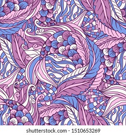 Abstract hand drawn underwater sea flora seamless pattern,  decorative waves vector background.