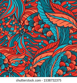 Abstract hand drawn underwater sea flora seamless pattern,  decorative waves vector background.