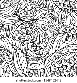 Abstract hand drawn underwater sea flora seamless pattern, decorative waves vector background, illustration for coloring book.
