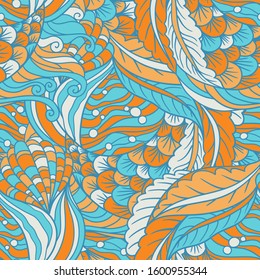 Abstract hand drawn underwater sea flora seamless pattern,  decorative waves vector background.